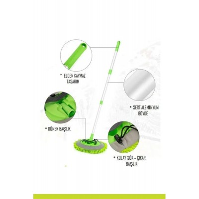 Mikrofiber Çok Fonksiyonlu Uzun Sopalı Oto Araba Araç Yıkama Temizleme Fırçası Mopu Yedek Bezli